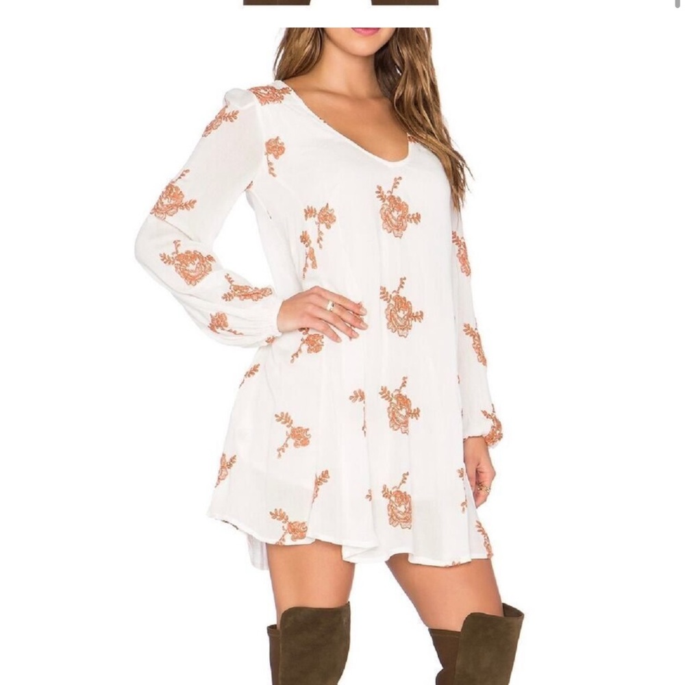 Free People White Dress with Rust Floral Embroidery